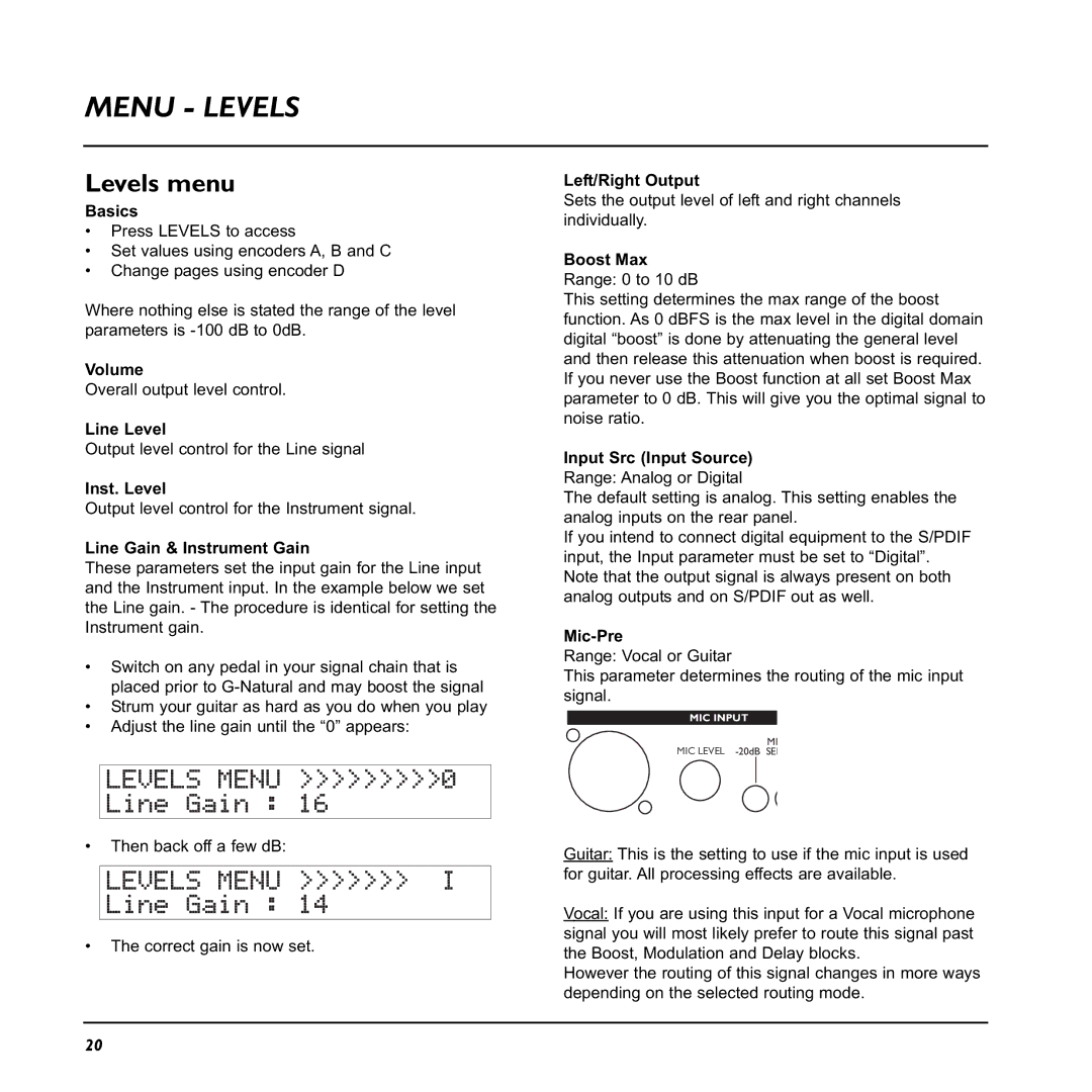 TC electronic SDN BHD G-Natural user manual Menu Levels, Levels menu 