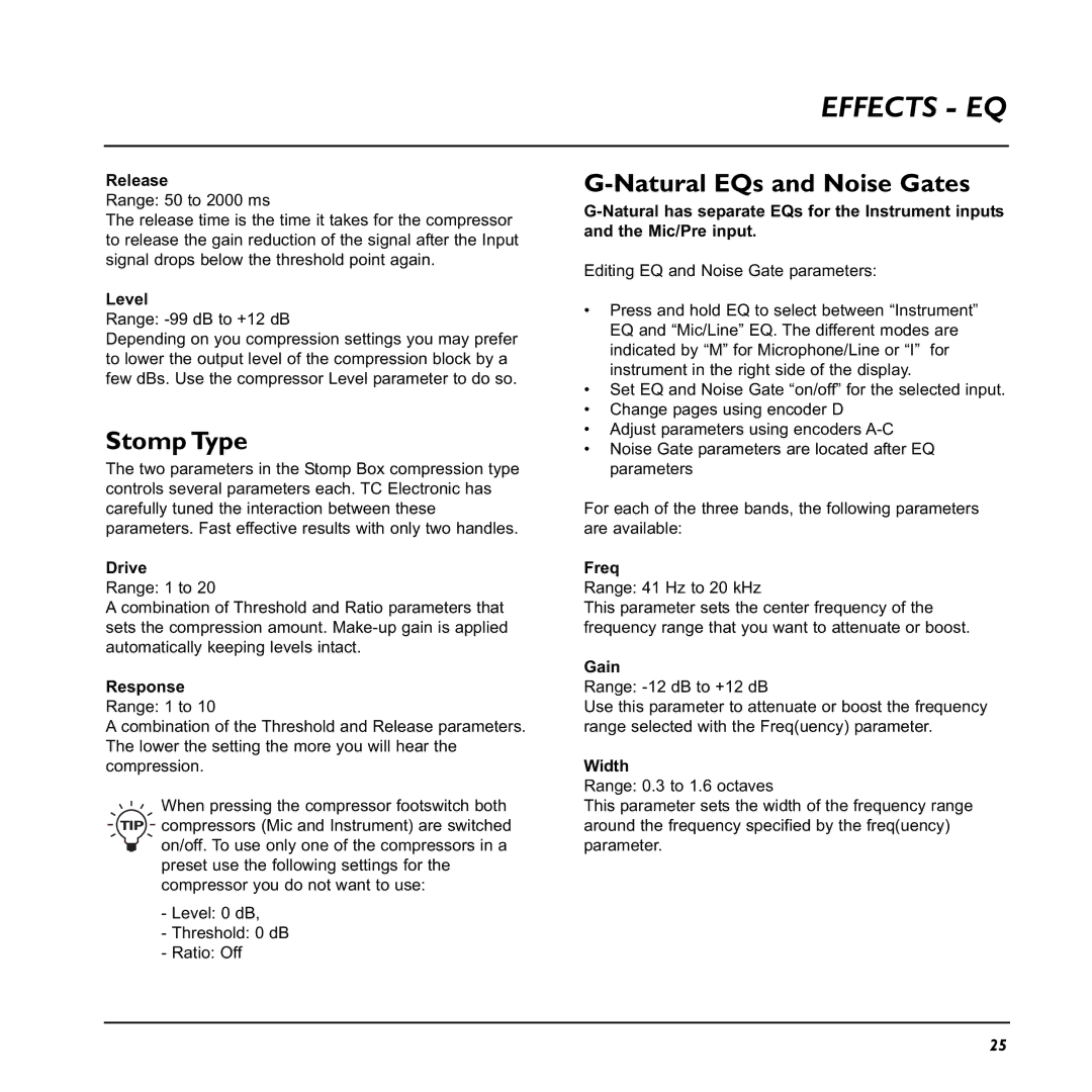 TC electronic SDN BHD G-Natural user manual Effects EQ, Stomp Type, Natural EQs and Noise Gates 