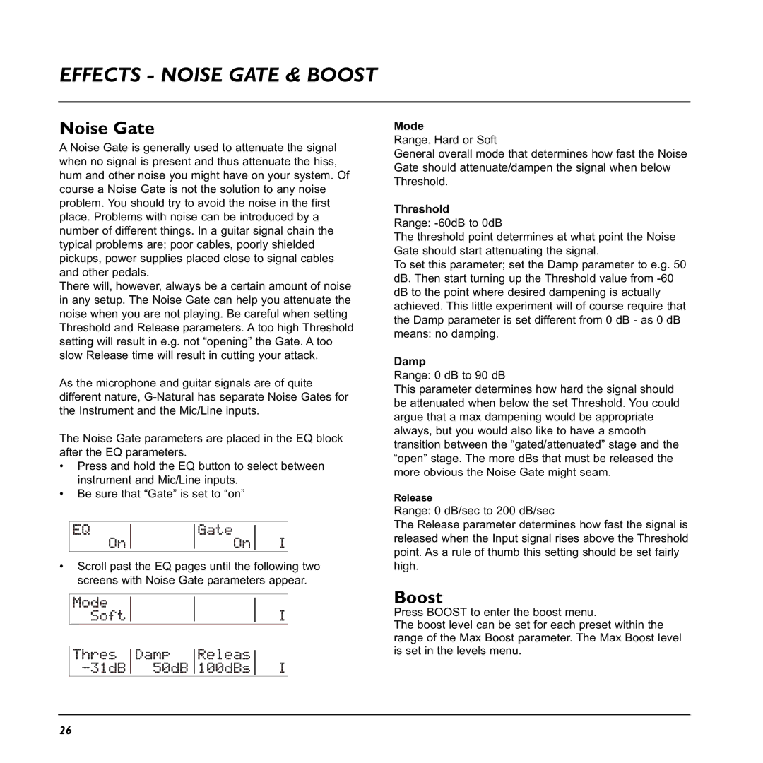 TC electronic SDN BHD G-Natural user manual Effects Noise Gate & Boost, Mode, Threshold Range -60dB to 0dB, Damp 