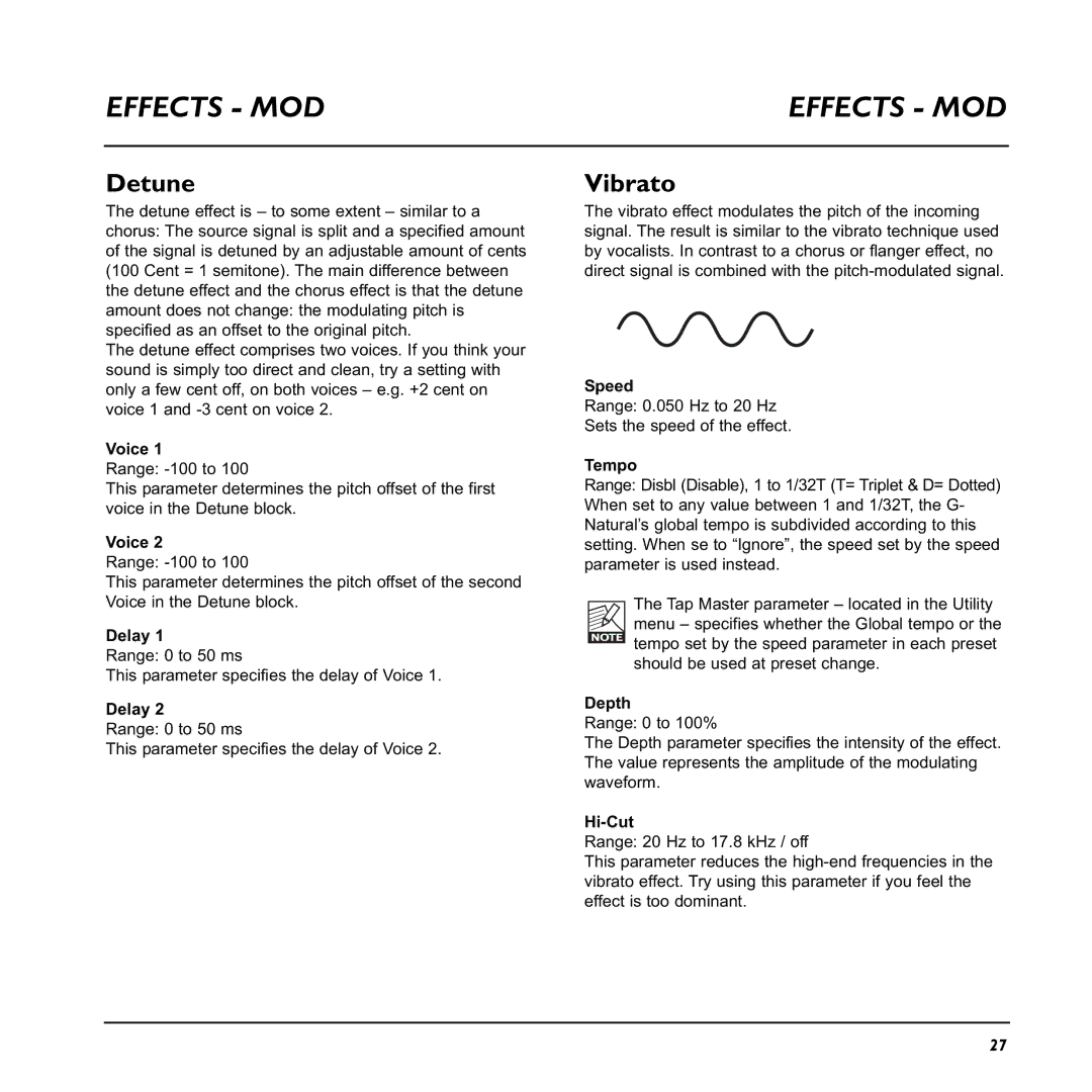 TC electronic SDN BHD G-Natural user manual Effects MOD, Detune, Vibrato 