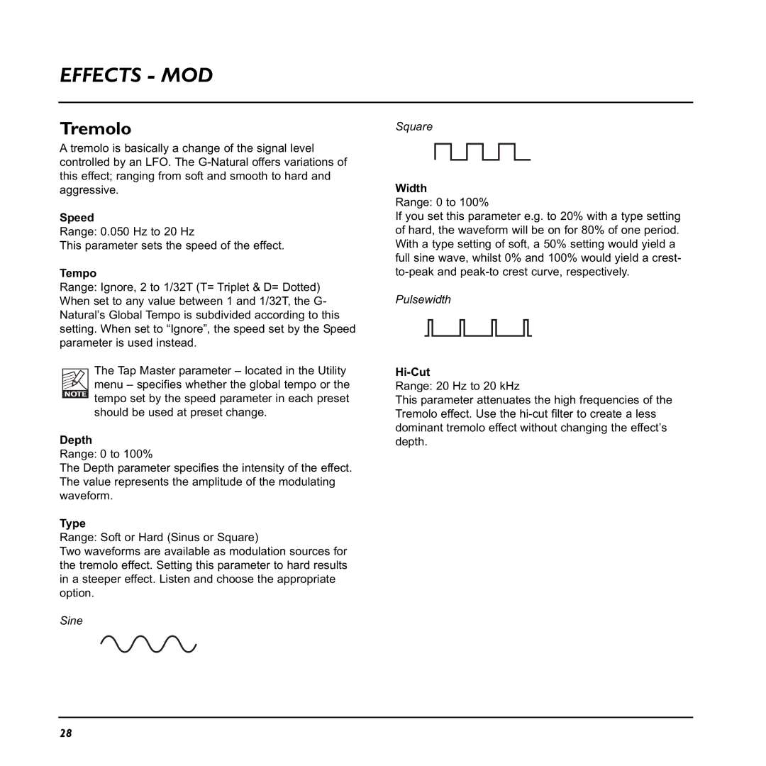 TC electronic SDN BHD G-Natural user manual Tremolo, Type 