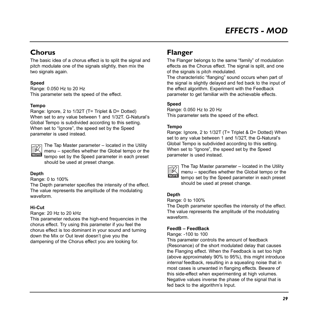 TC electronic SDN BHD G-Natural user manual Chorus, Flanger, FeedB FeedBack Range -100 to 