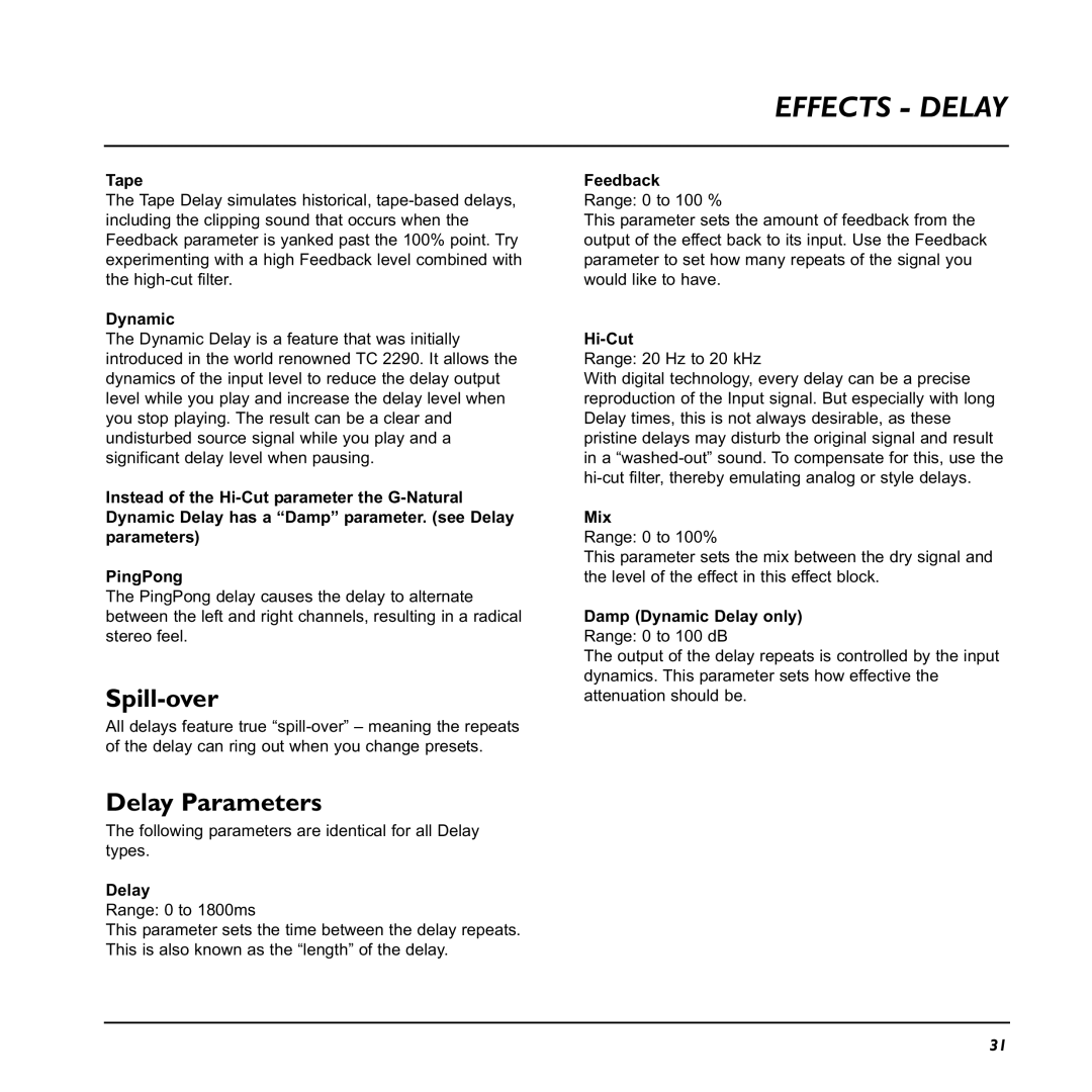 TC electronic SDN BHD G-Natural user manual Effects Delay, Spill-over, Delay Parameters 