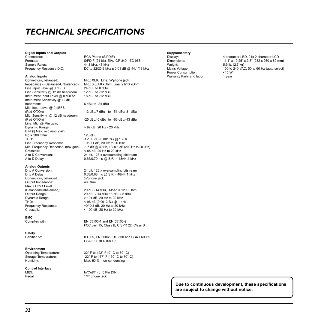 TC electronic SDN BHD G-Natural user manual Technical Specifications, Digital Inputs and Outputs Supplementary 