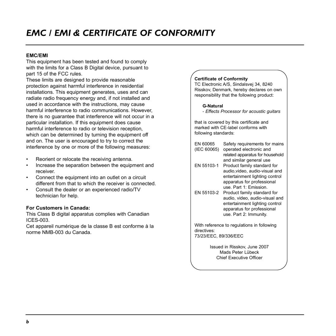 TC electronic SDN BHD G-Natural user manual EMC / EMI & Certificate of Conformity, For Customers in Canada 