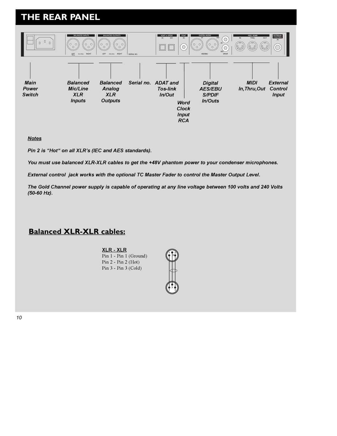 TC electronic SDN BHD Gold Channel user manual Rear Panel, Balanced XLR-XLR cables 