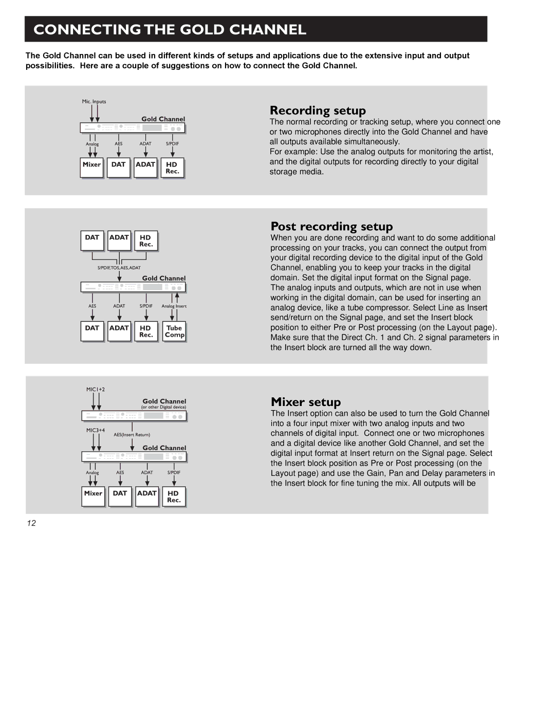 TC electronic SDN BHD user manual Connecting the Gold Channel, Recording setup, Post recording setup, Mixer setup 