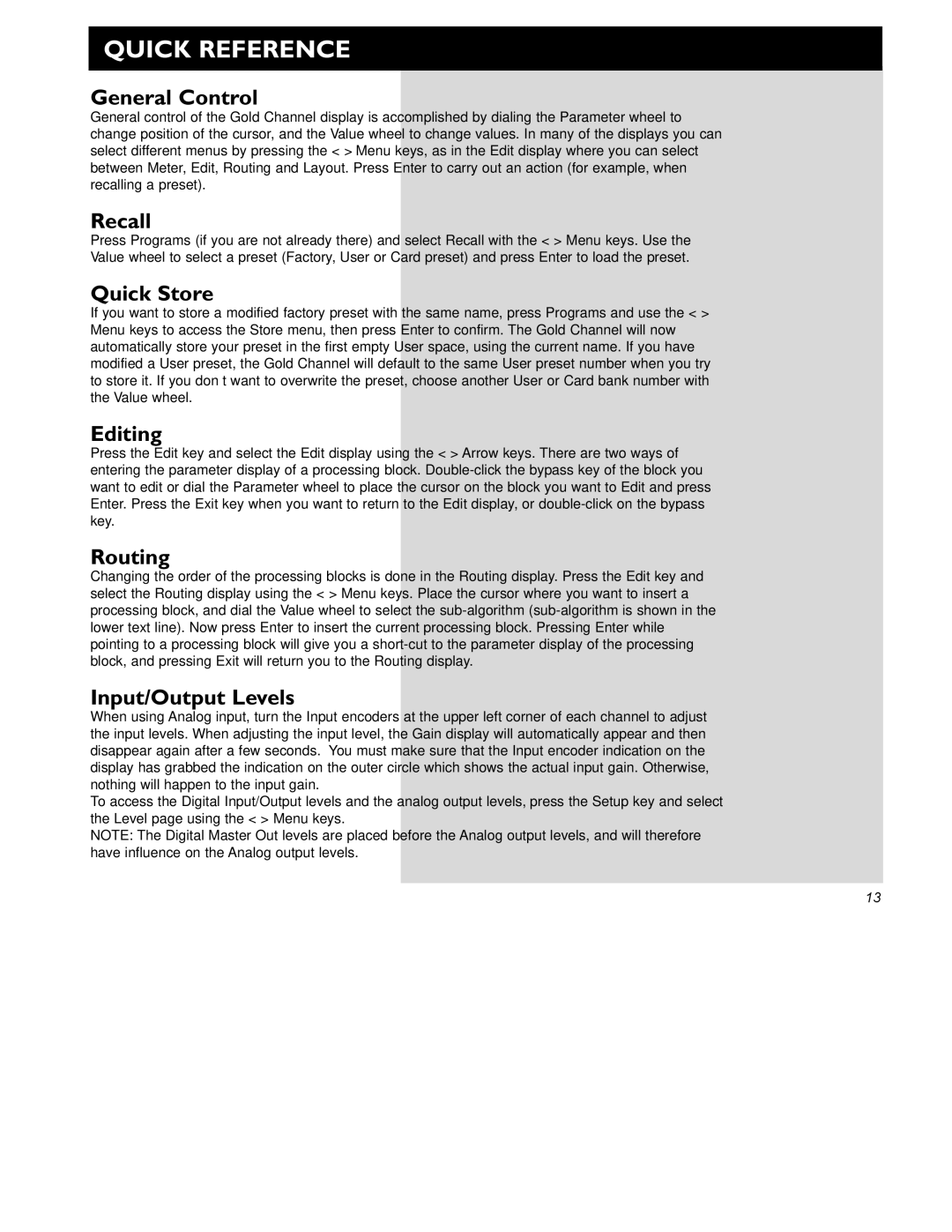 TC electronic SDN BHD Gold Channel user manual Quick Reference 