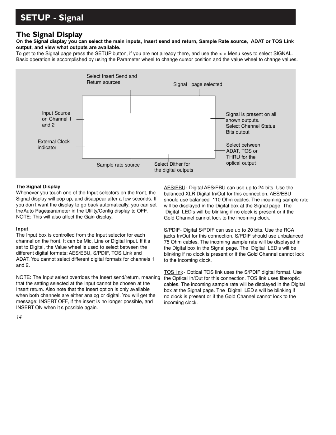 TC electronic SDN BHD Gold Channel user manual Setup Signal, Signal Display, Input 