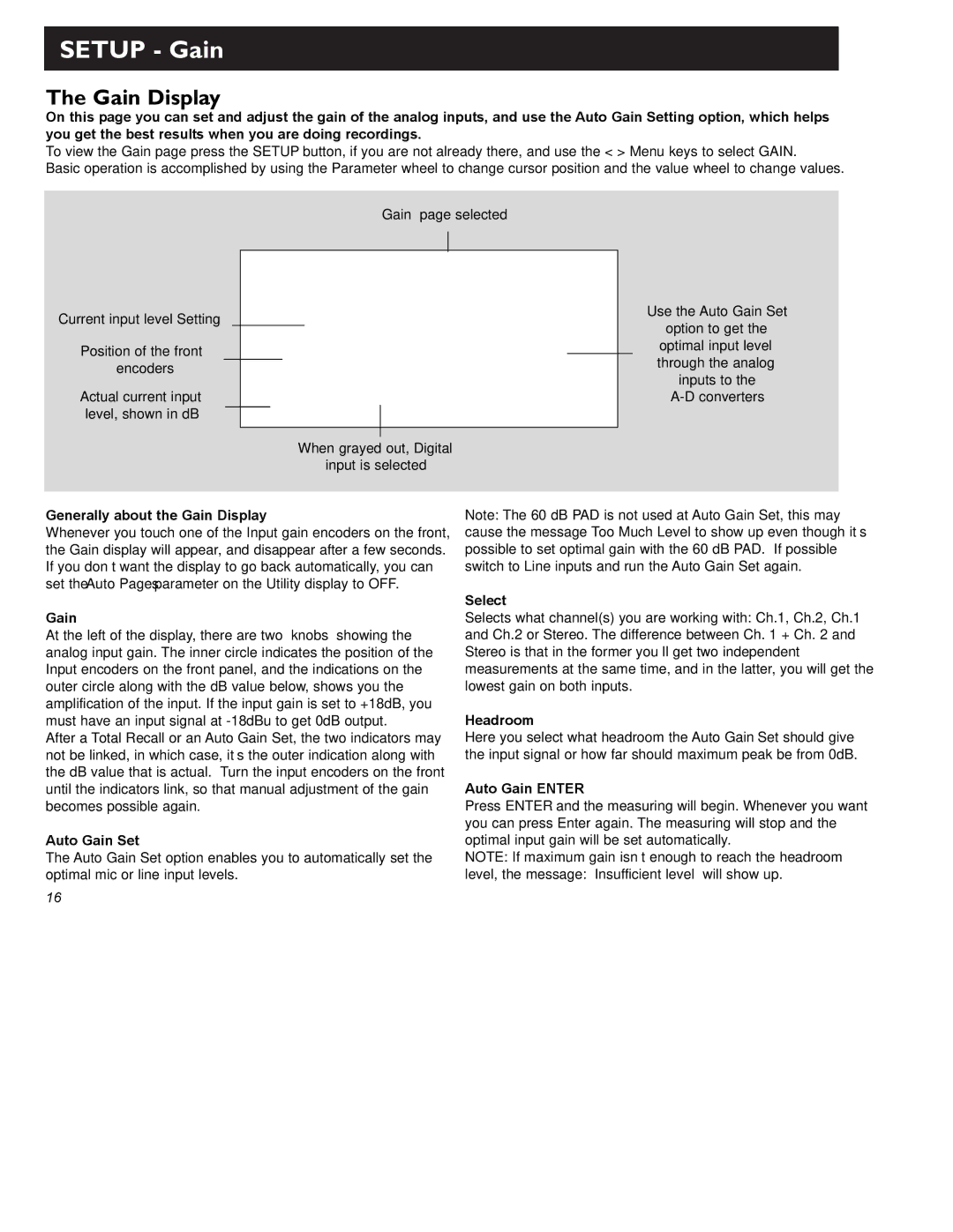 TC electronic SDN BHD Gold Channel user manual Setup Gain, Gain Display 