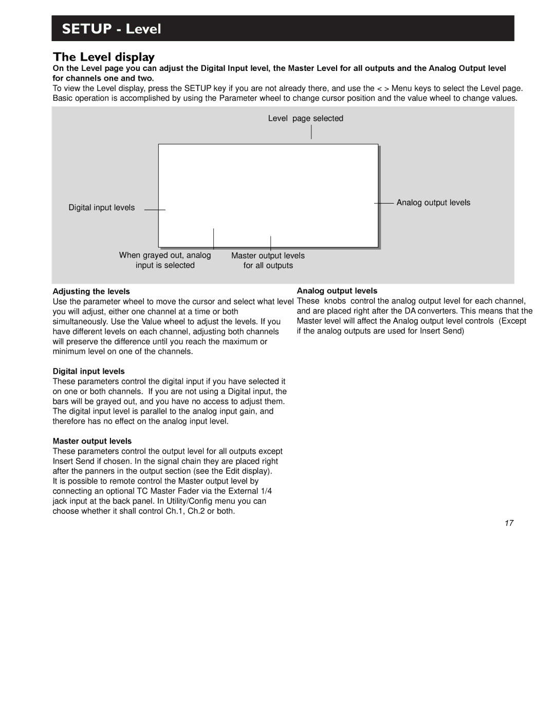 TC electronic SDN BHD Gold Channel user manual Setup Level, Level display 