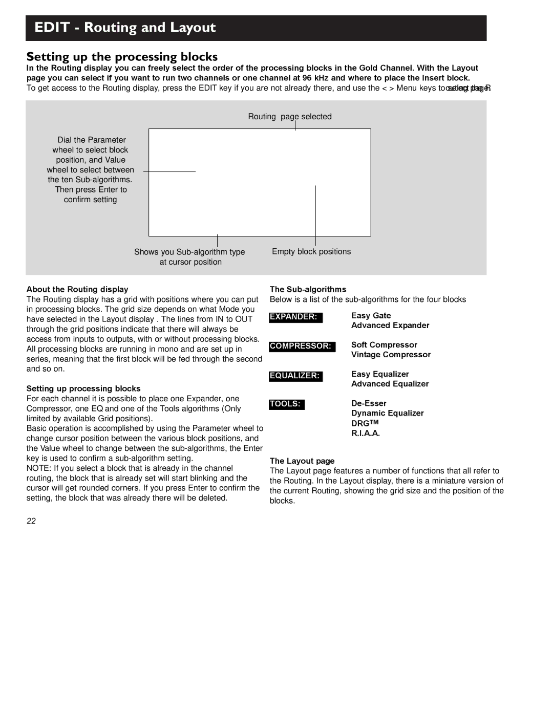 TC electronic SDN BHD Gold Channel user manual Edit Routing and Layout, Setting up the processing blocks 