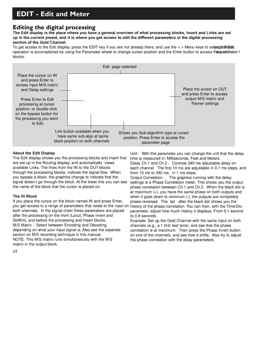 TC electronic SDN BHD Gold Channel Edit Edit and Meter, Editing the digital processing, About the Edit Display, Block 