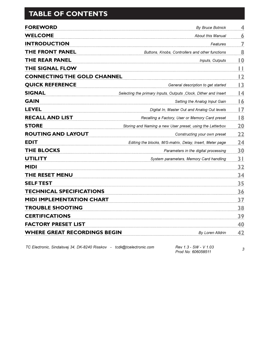 TC electronic SDN BHD Gold Channel user manual Table of Contents 