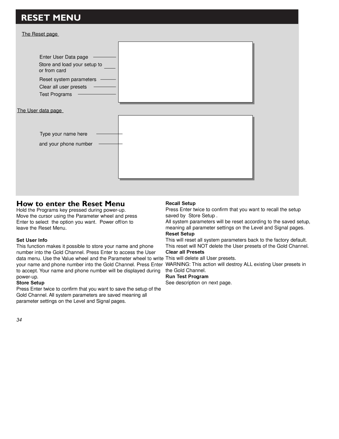 TC electronic SDN BHD Gold Channel user manual How to enter the Reset Menu 