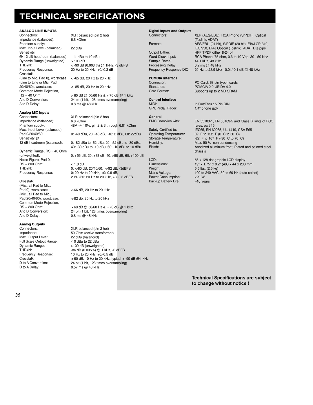 TC electronic SDN BHD Gold Channel user manual Technical Specifications, Analog Line Inputs 