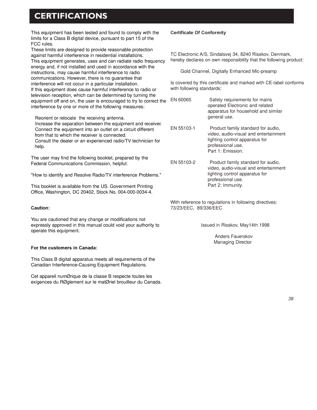 TC electronic SDN BHD Gold Channel user manual Certifications, For the customers in Canada 