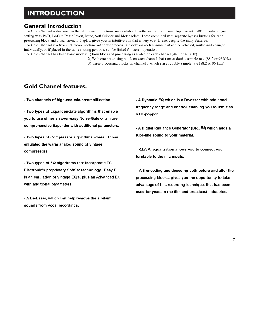 TC electronic SDN BHD user manual General Introduction, Gold Channel features 