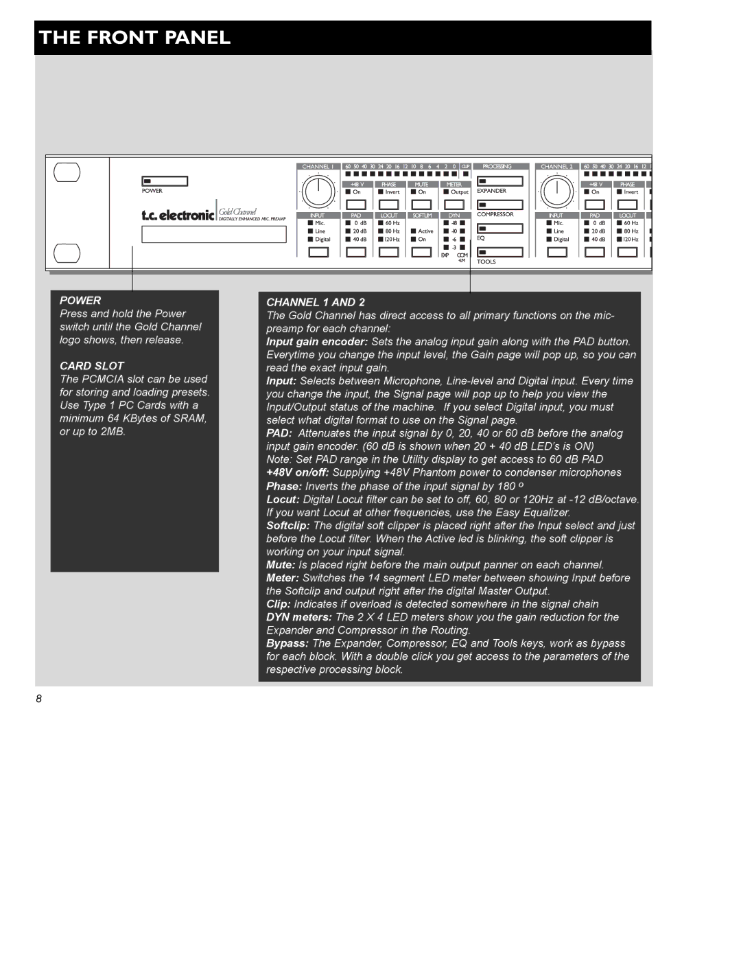 TC electronic SDN BHD Gold Channel user manual Front Panel, Card Slot 