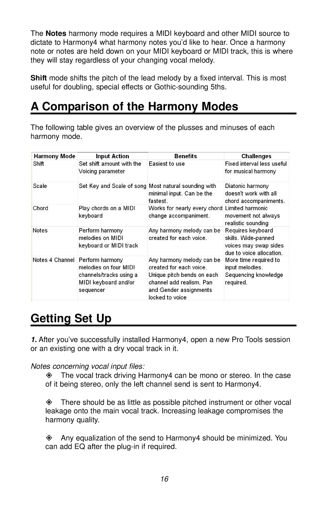 TC electronic SDN BHD Harmony4 user manual Comparison of the Harmony Modes, Getting Set Up 