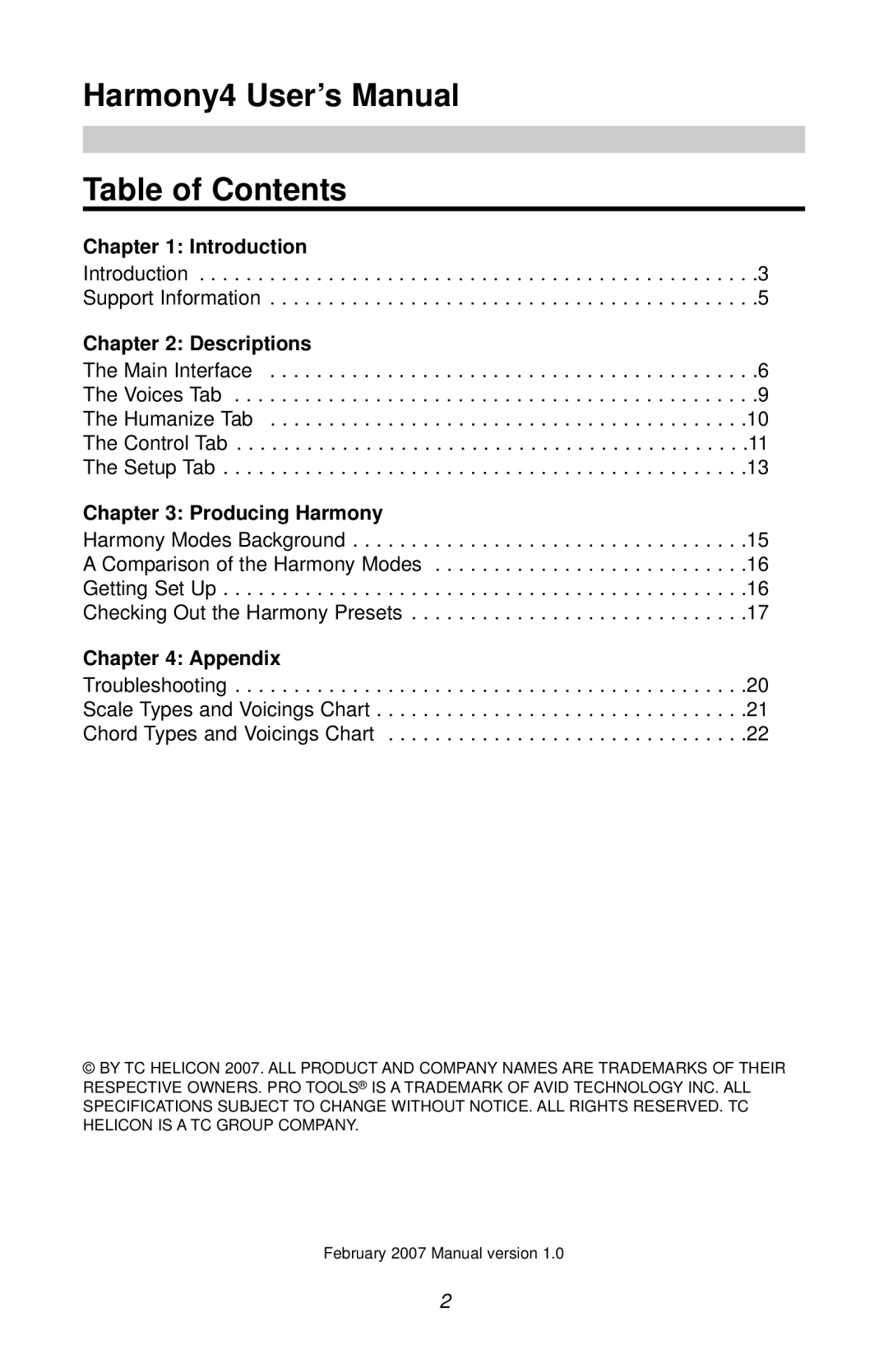 TC electronic SDN BHD user manual Harmony4 User’s Manual Table of Contents 