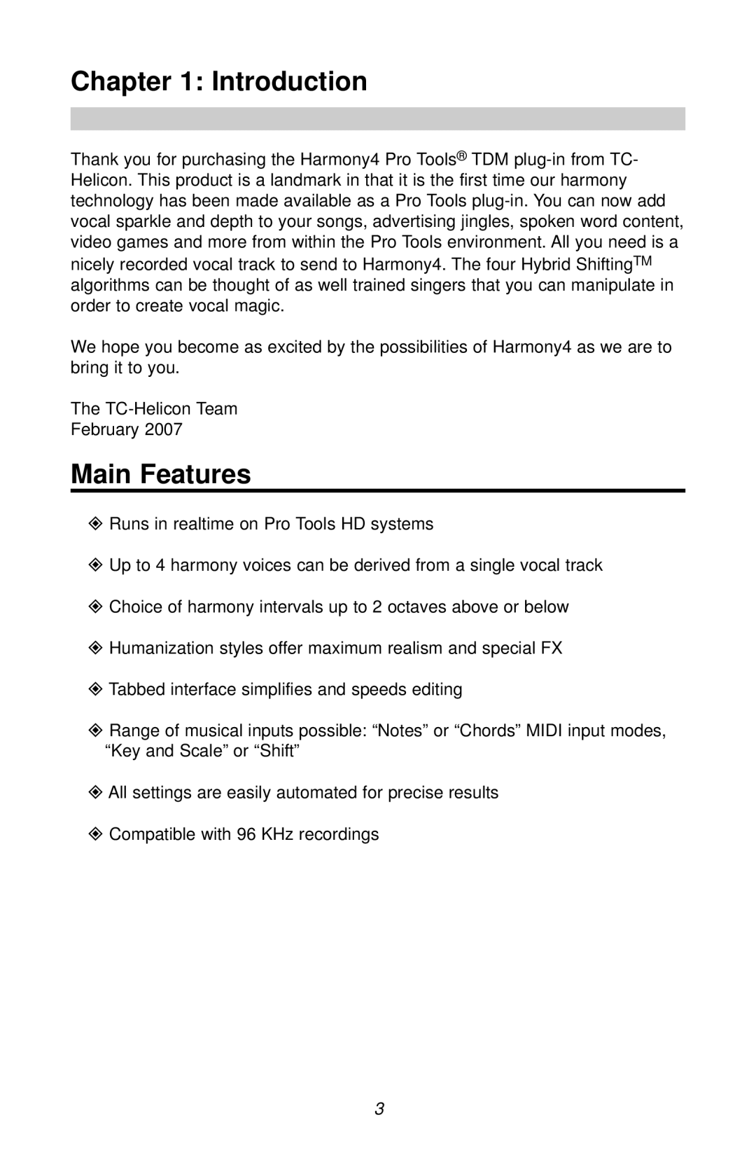 TC electronic SDN BHD Harmony4 user manual Introduction, Main Features 