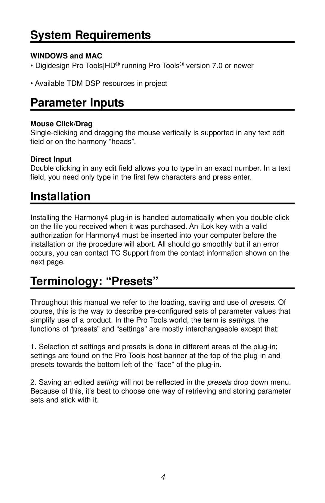 TC electronic SDN BHD Harmony4 user manual System Requirements, Parameter Inputs, Installation, Terminology Presets 