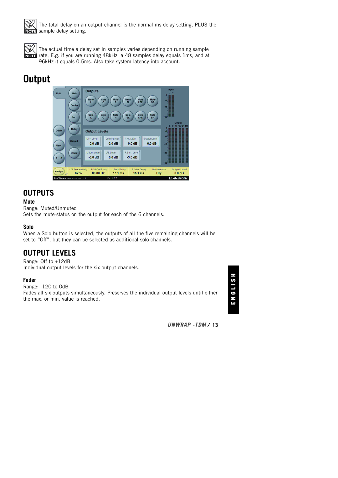 TC electronic SDN BHD Home Stereo System manual Outputs, Output Levels, Unwrap -TDM /13 