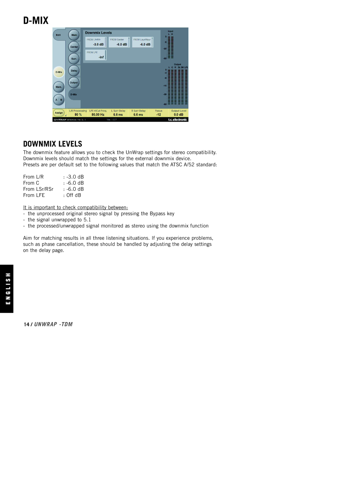 TC electronic SDN BHD Home Stereo System manual Downmix Levels, 14 / Unwrap -TDM 