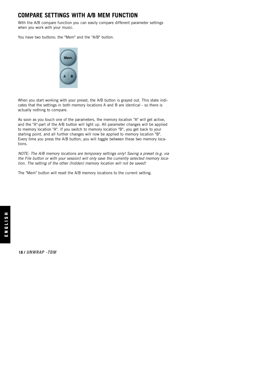 TC electronic SDN BHD Home Stereo System manual Compare Settings with A/B MEM Function, 18 / Unwrap -TDM 