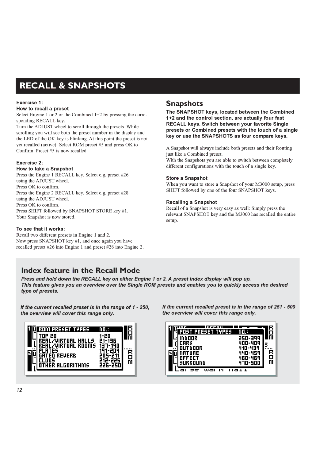 TC electronic SDN BHD M3000 user manual Recall & Snapshots, Index feature in the Recall Mode 