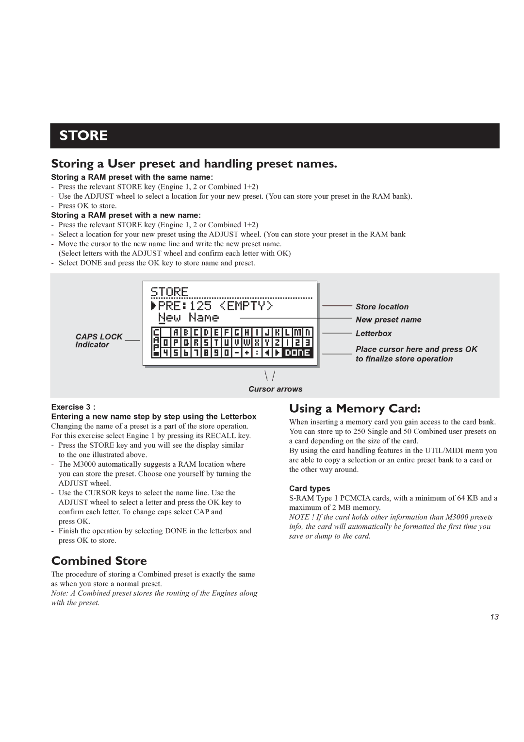 TC electronic SDN BHD M3000 Storing a User preset and handling preset names, Using a Memory Card, Combined Store 