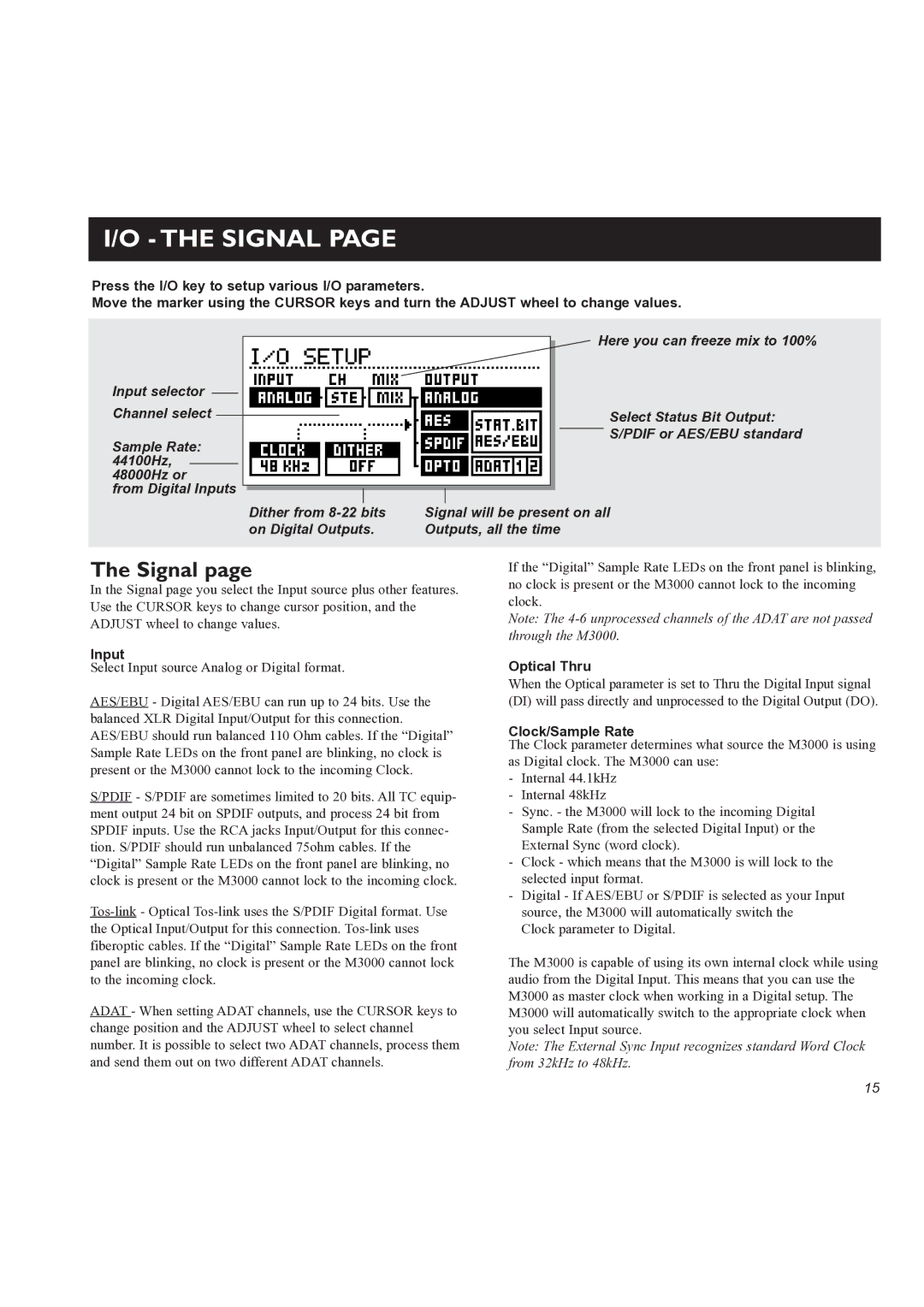 TC electronic SDN BHD M3000 user manual Signal, Input, Optical Thru, Clock/Sample Rate 