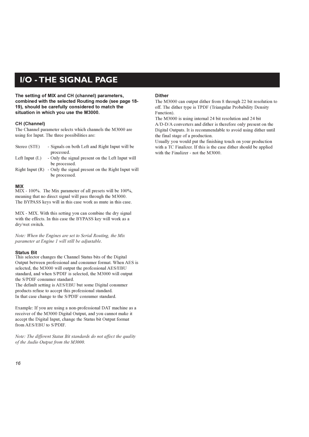 TC electronic SDN BHD M3000 user manual Status Bit, Dither 