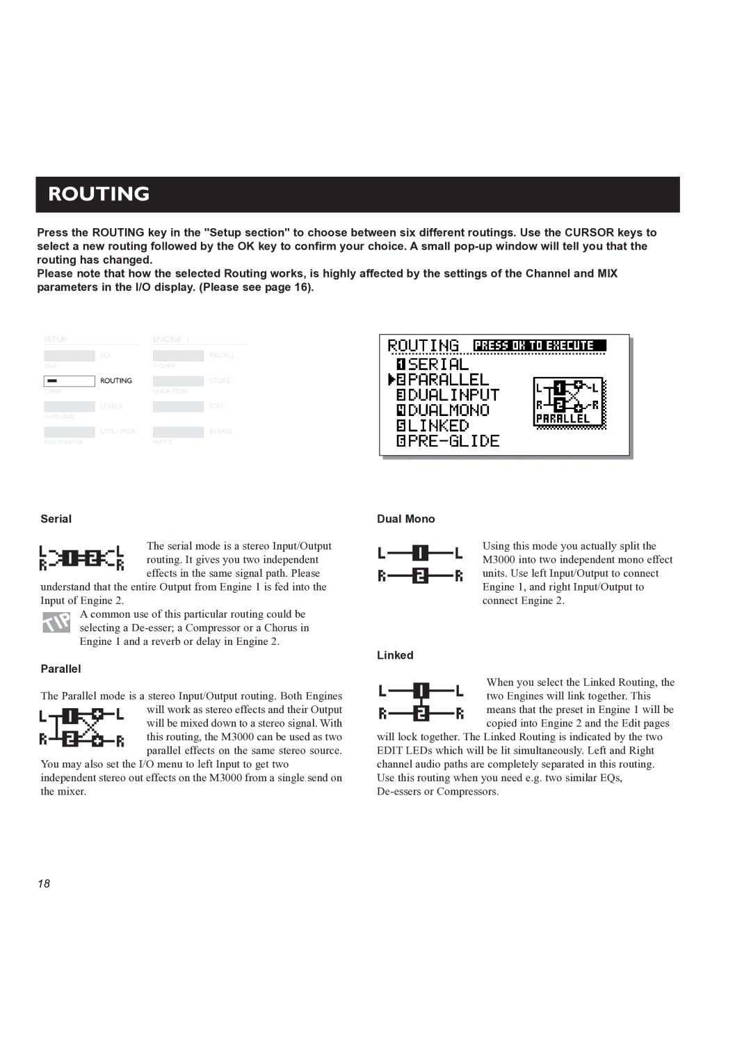 TC electronic SDN BHD M3000 user manual Routing, Parallel, Dual Mono, Linked 