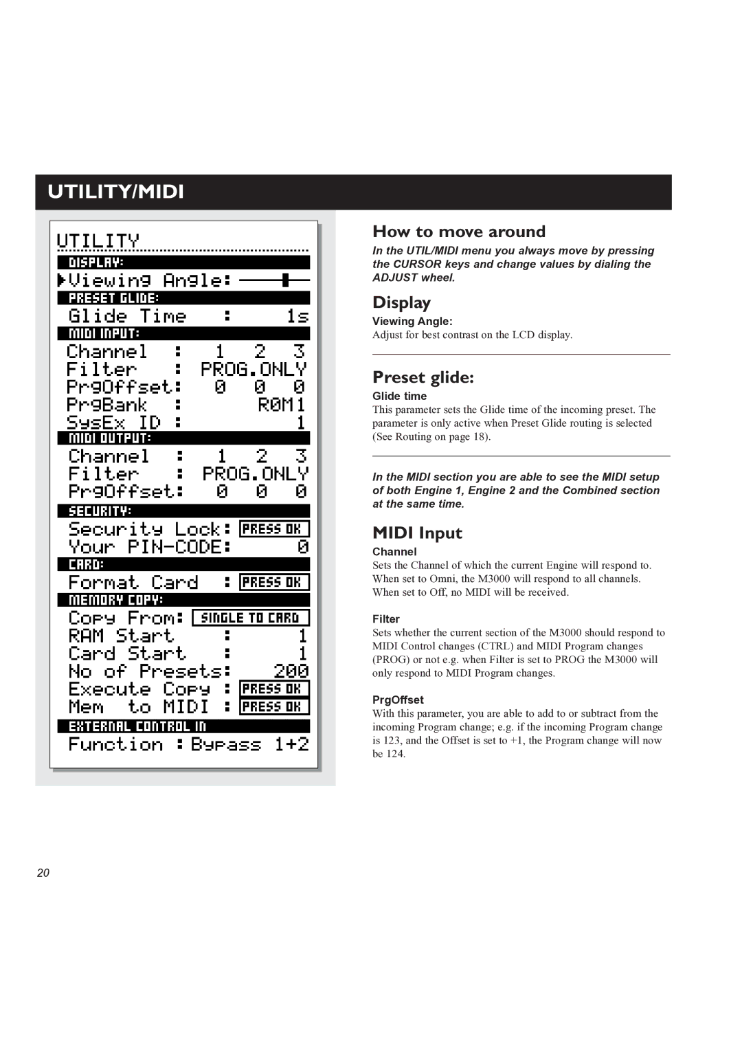 TC electronic SDN BHD M3000 user manual Utility/Midi, How to move around, Display, Preset glide, Midi Input 