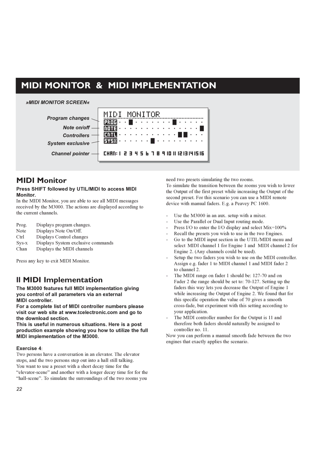 TC electronic SDN BHD M3000 user manual Midi Monitor & Midi Implementation, Ll Midi Implementation 