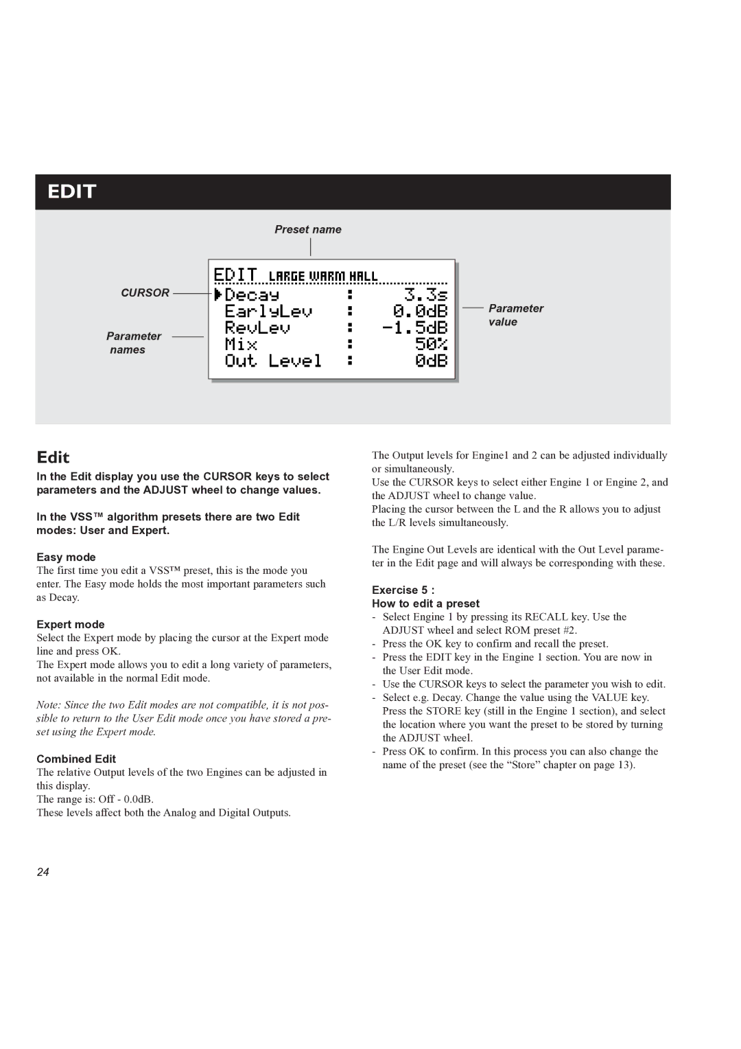 TC electronic SDN BHD M3000 user manual Expert mode, Combined Edit, Exercise How to edit a preset 