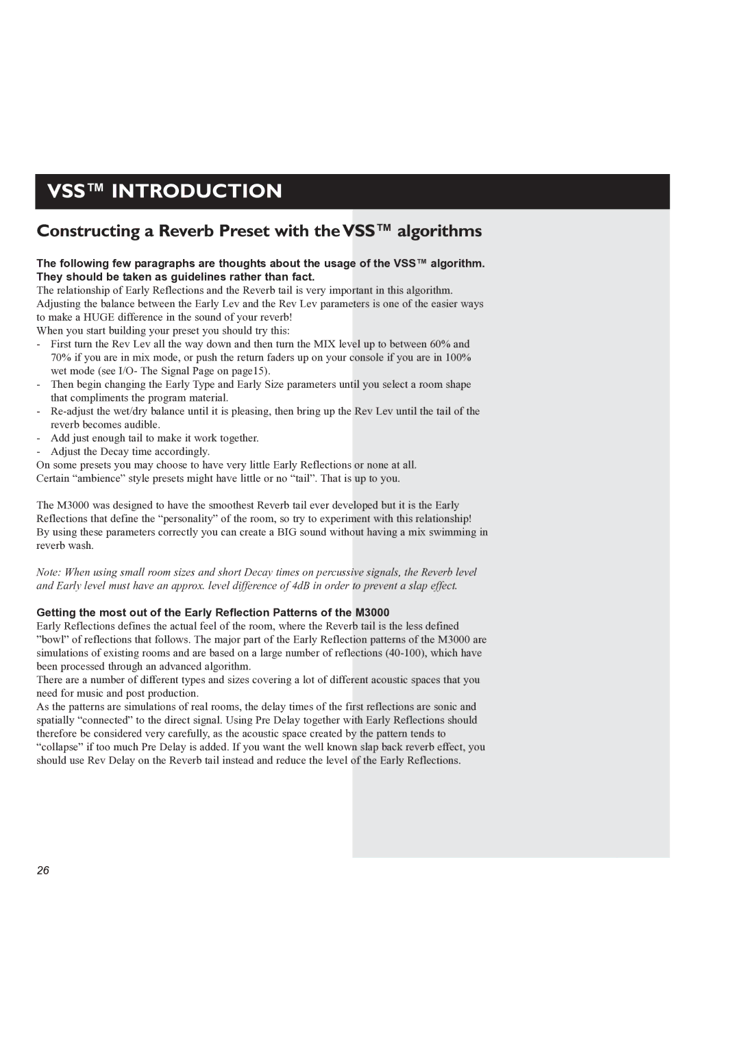 TC electronic SDN BHD M3000 user manual VSS Introduction, Constructing a Reverb Preset with the VSS algorithms 