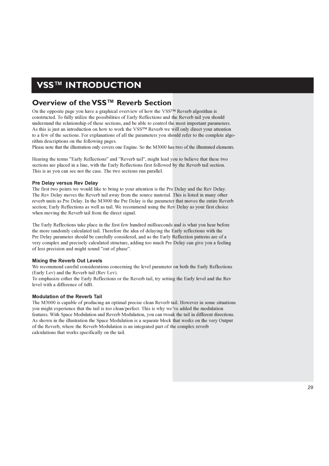 TC electronic SDN BHD M3000 Overview of the VSS Reverb Section, Pre Delay versus Rev Delay, Mixing the Reverb Out Levels 