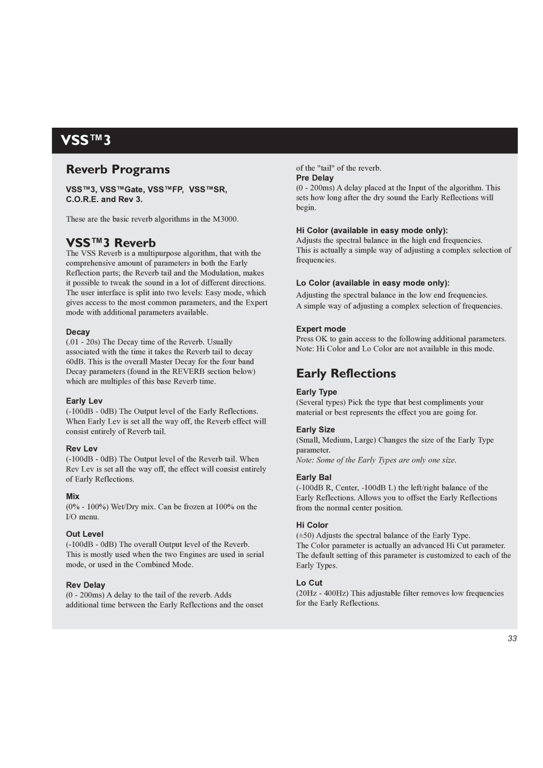 TC electronic SDN BHD M3000 user manual Reverb Programs, VSS3 Reverb, Early Reflections 