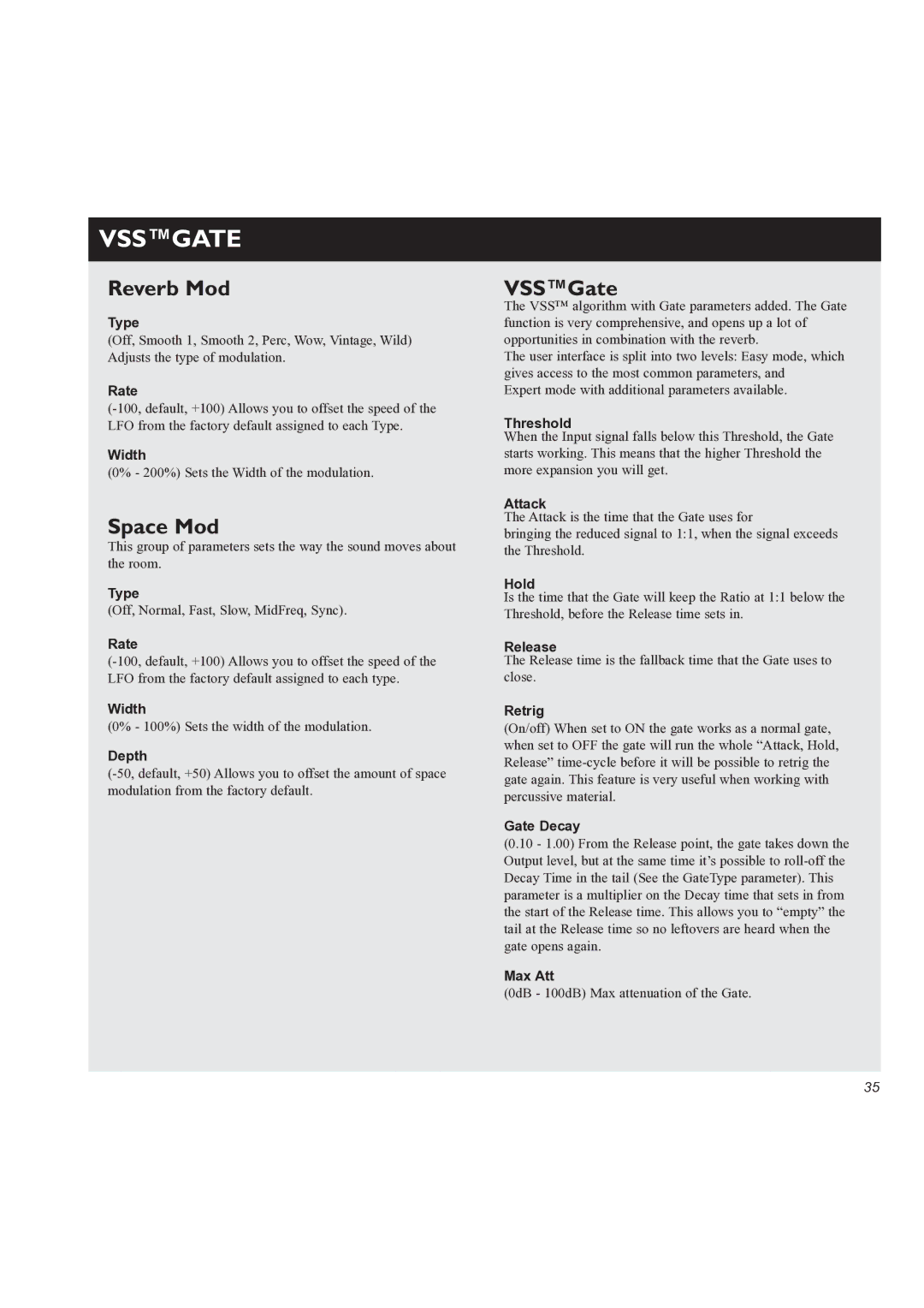 TC electronic SDN BHD M3000 user manual Vssgate, Reverb Mod, Space Mod, VSSGate 