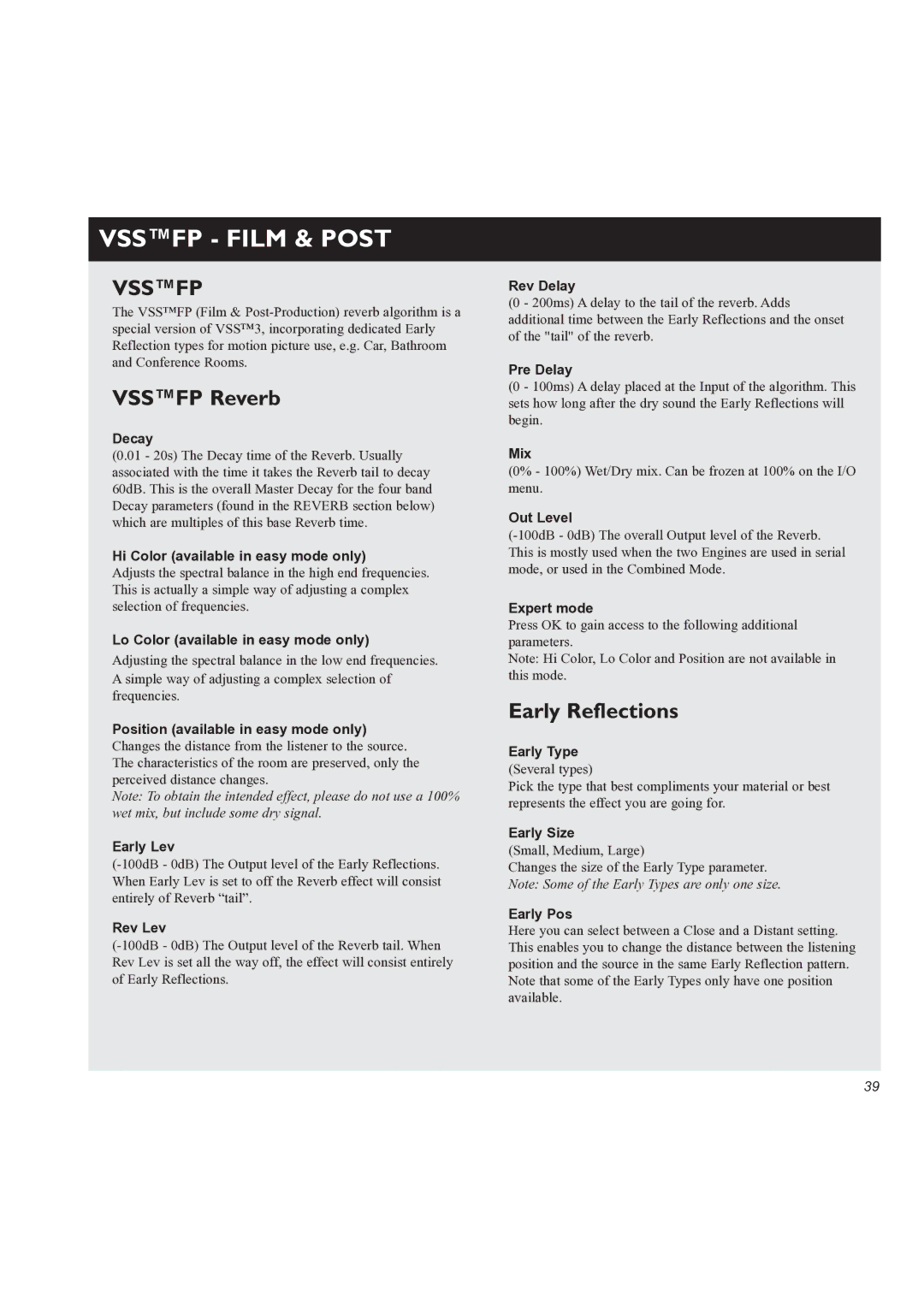 TC electronic SDN BHD M3000 user manual Vssfp Film & Post, Vssfp Reverb, Early Type Several types, Early Pos 