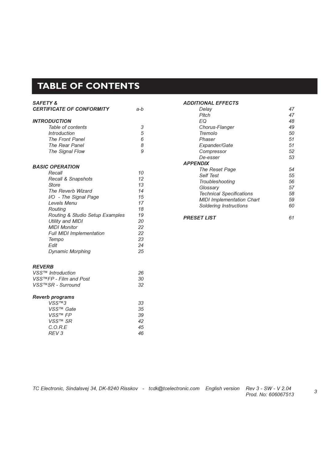 TC electronic SDN BHD M3000 user manual Table of Contents 