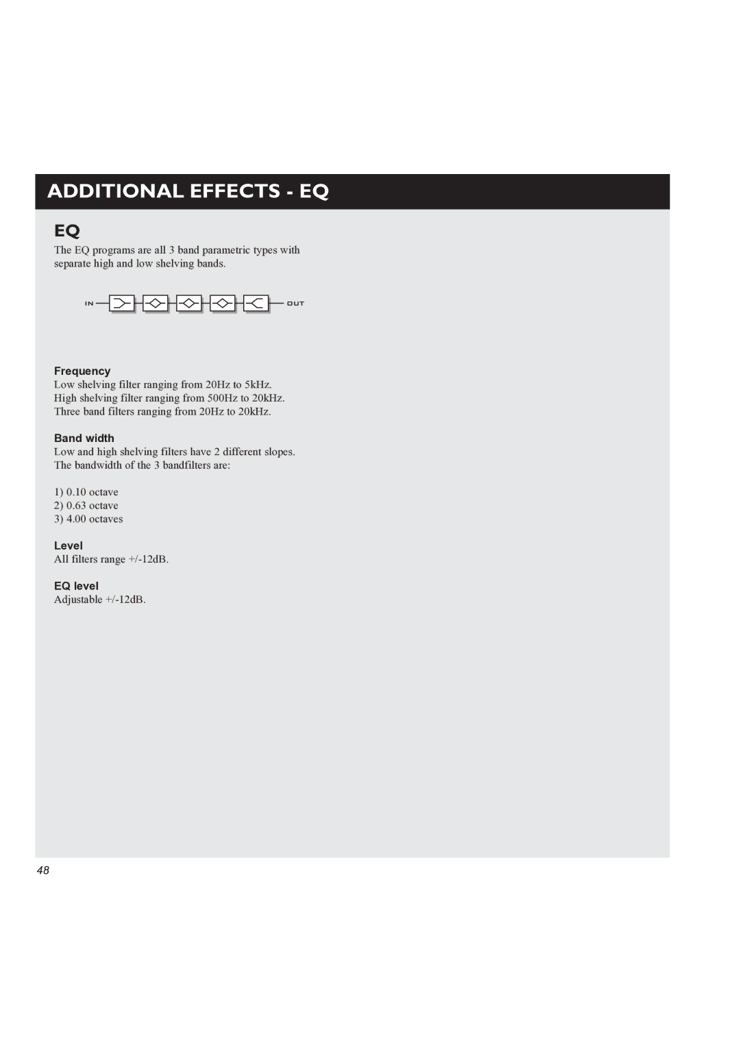 TC electronic SDN BHD M3000 user manual Additional Effects EQ, Frequency, Band width, EQ level 