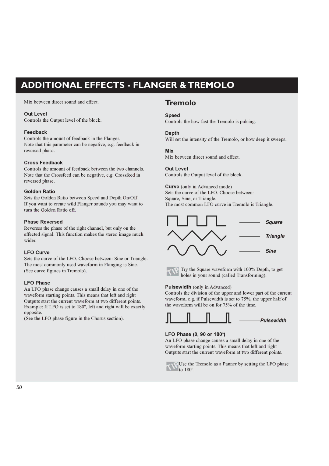 TC electronic SDN BHD M3000 user manual Additional Effects Flanger & Tremolo, Cross Feedback, LFO Phase 0, 90 or 180º 