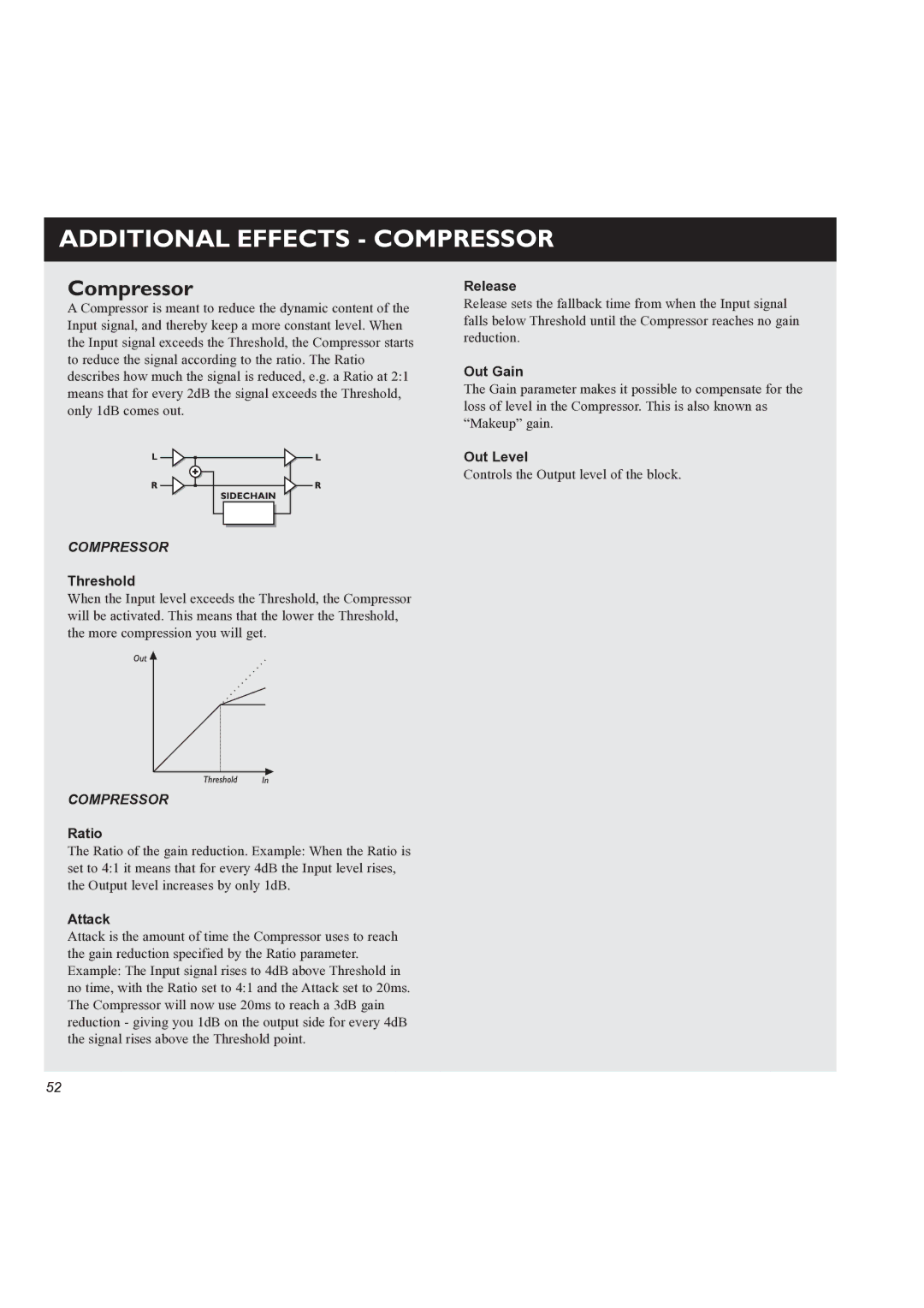 TC electronic SDN BHD M3000 user manual Additional Effects Compressor, Out Gain 