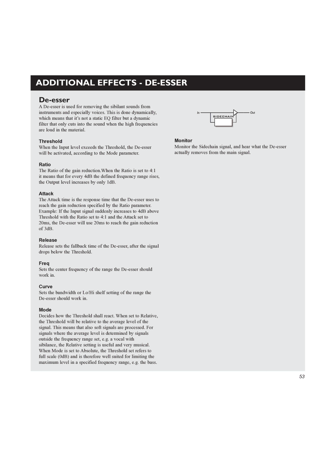 TC electronic SDN BHD M3000 user manual Additional Effects DE-ESSER, De-esser 