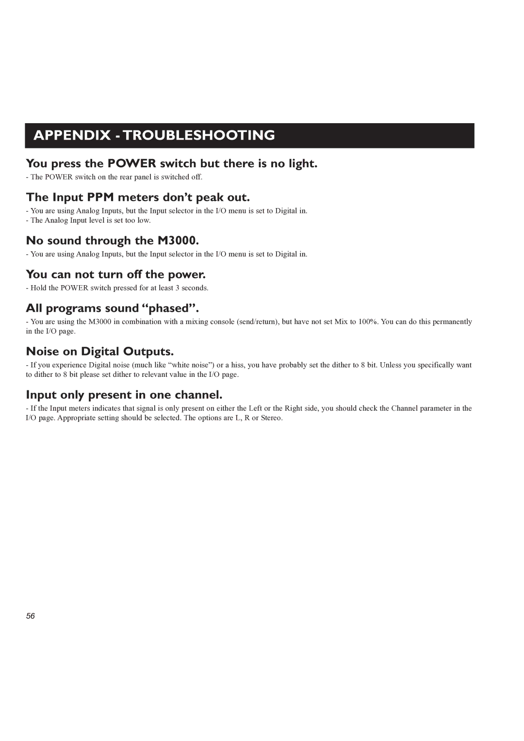 TC electronic SDN BHD M3000 user manual Appendix Troubleshooting 