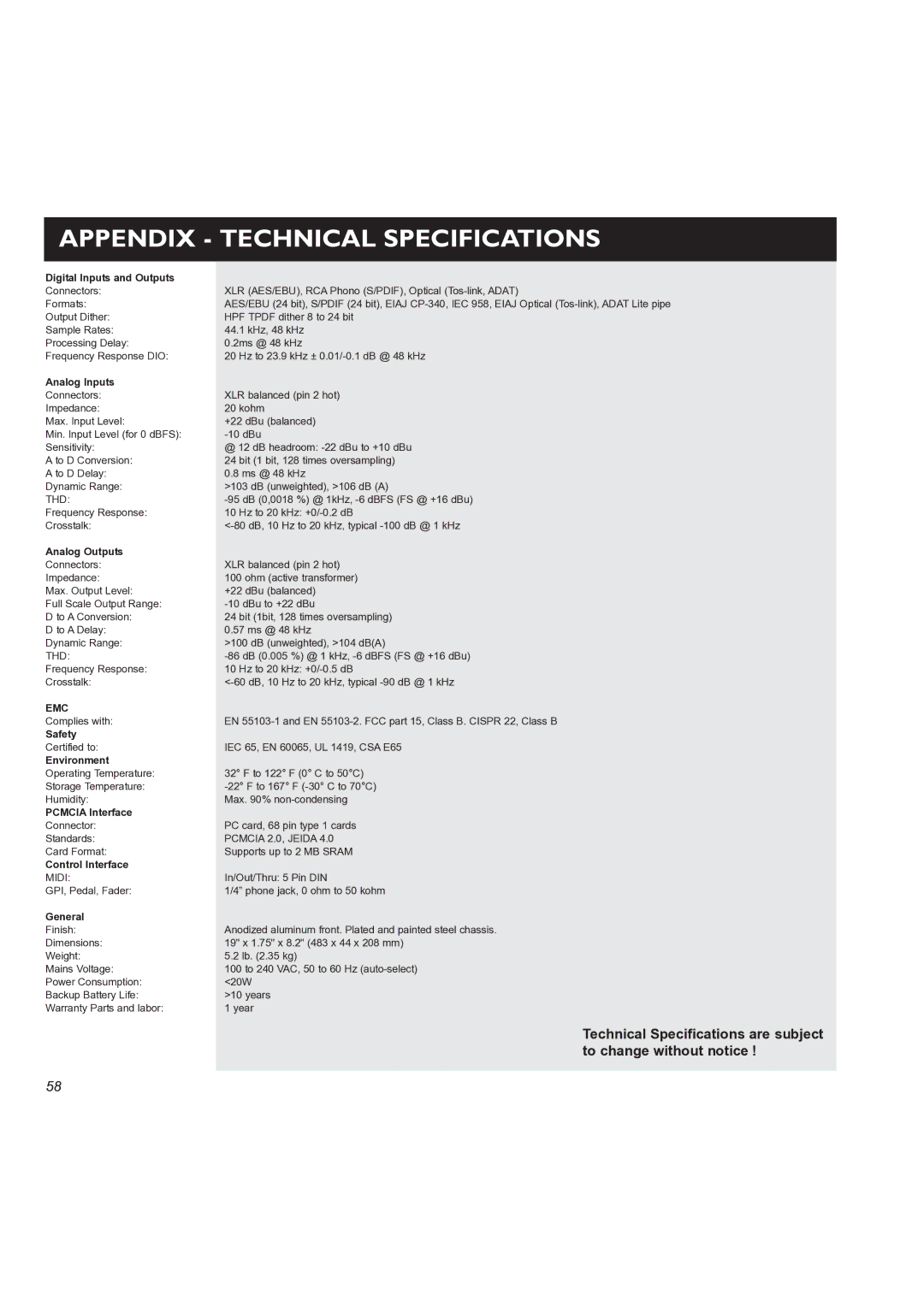 TC electronic SDN BHD M3000 user manual Appendix Technical Specifications, Technical Specifications are subject 